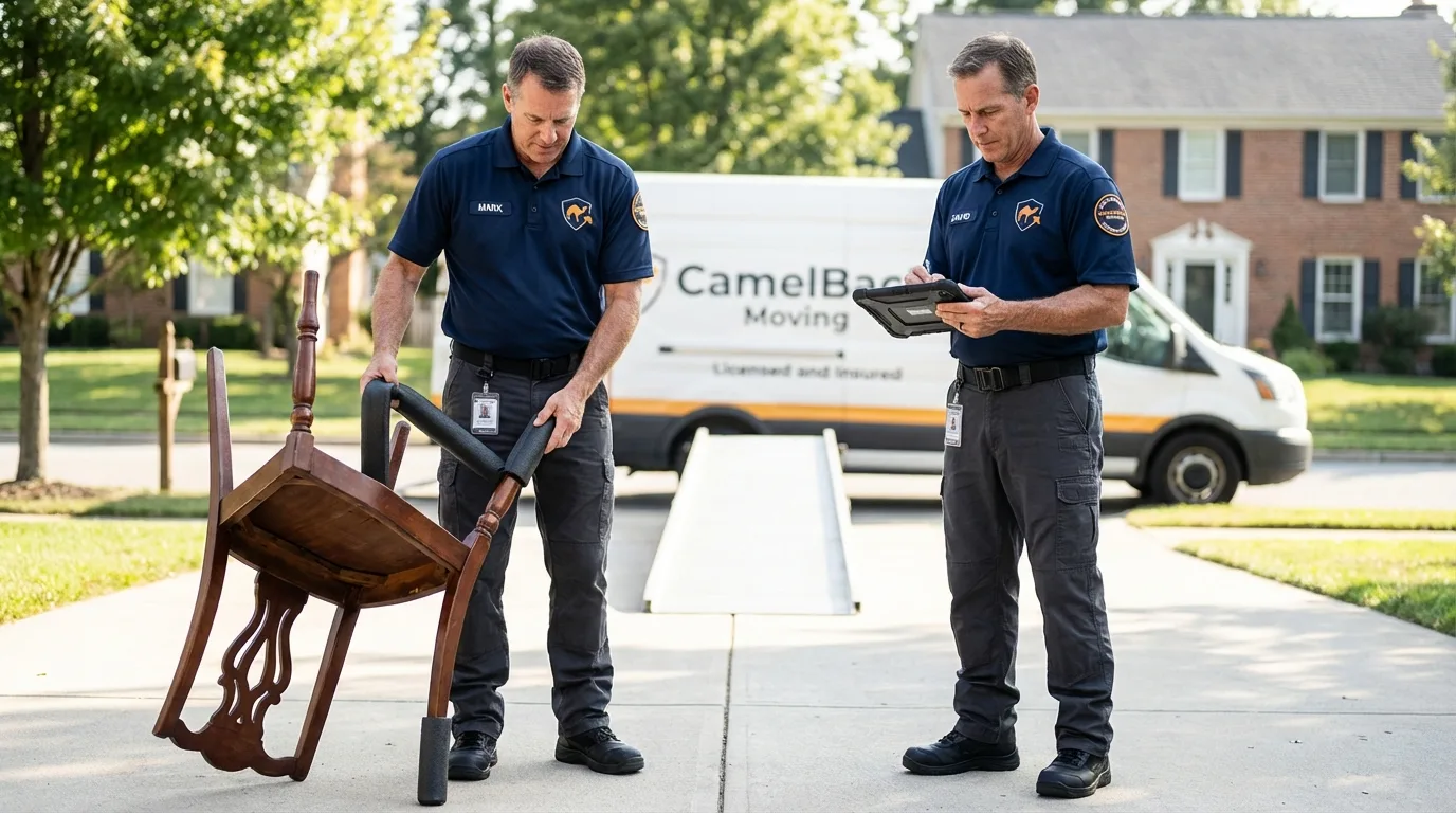 Movers inspecting furniture for damage prevention before loading in Craigsville, WV