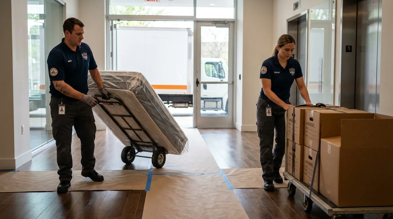 Professional apartment movers loading elevator in Craigsville, WV